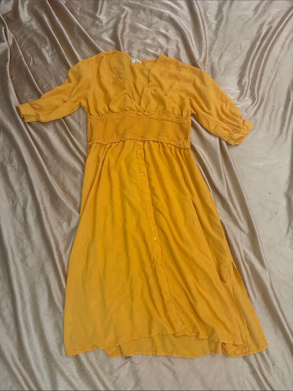 Yellow Breezy Smocked Waist Button-Front Midi Dress